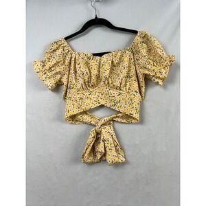 Lyaner Crop Top Women Size S Yellow Floral Puff Sleeve Tie Front Wrap Blouse